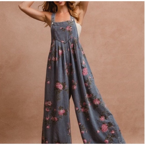 Unbranded Denim - Floral Denim Overalls Wide Leg Pink Rose Print Blue Jean Jumpsuit Womens Medium